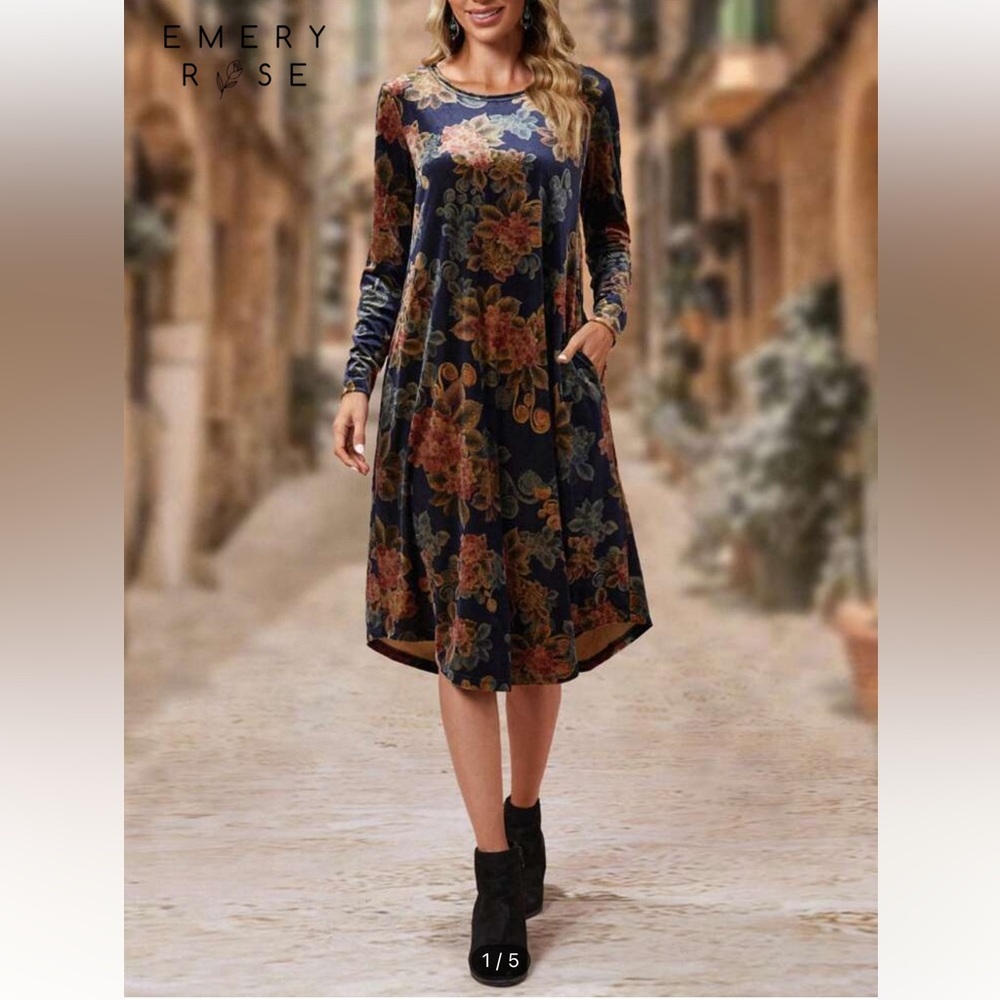 Floral Long Sleeve Dress - Black and Brown